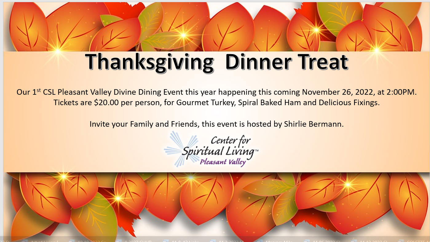 Divine Dining, Thanksgiving Dinner Treat, $20 Per Person, 2:00 PM PST